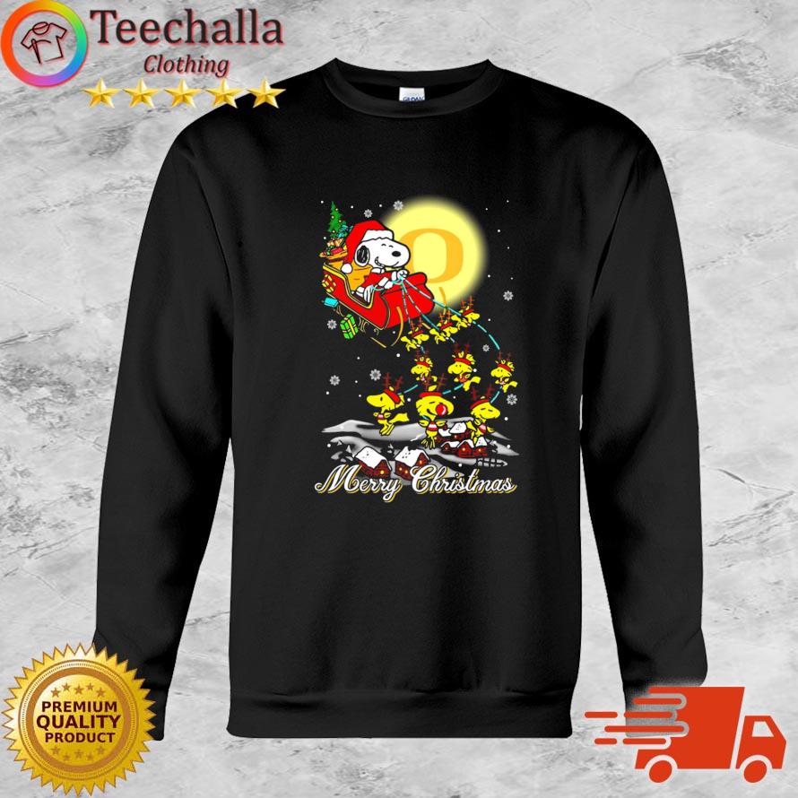 Santa Snoopy And Woodstock Riding Reindeers Oregon Ducks Merry Christmas sweatshirt