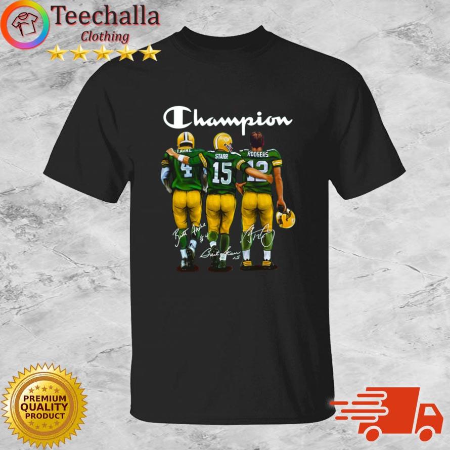 Official Champion Green Bay Packers Starr 15 Rodgers 12 Favre 4 Signatures 2023 Shirt