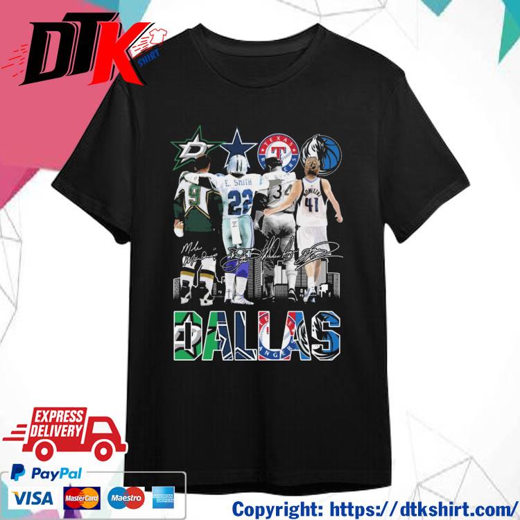 Dallas All Team Sports Mike Modano Emmitt Smith Nolan Ryan And Dirk  Nowitzki Signatures shirt, hoodie, sweater, long sleeve and tank top