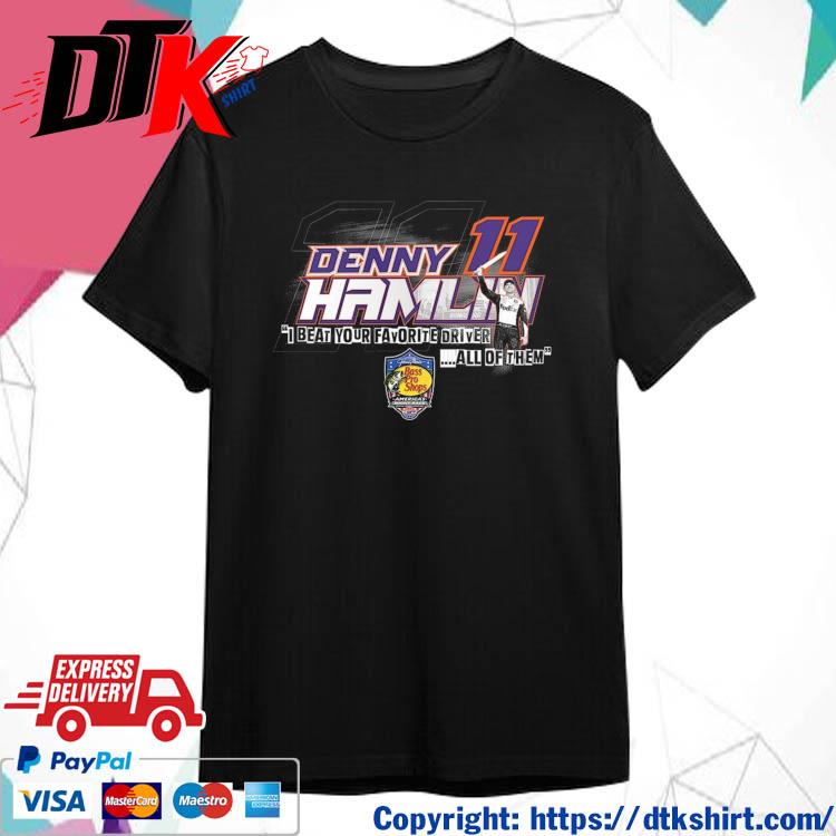 Official Denny Hamlin Joe Gibbs Racing Team Collection Black 2023 Bass Pro Shops Night Race Winner t-shirt